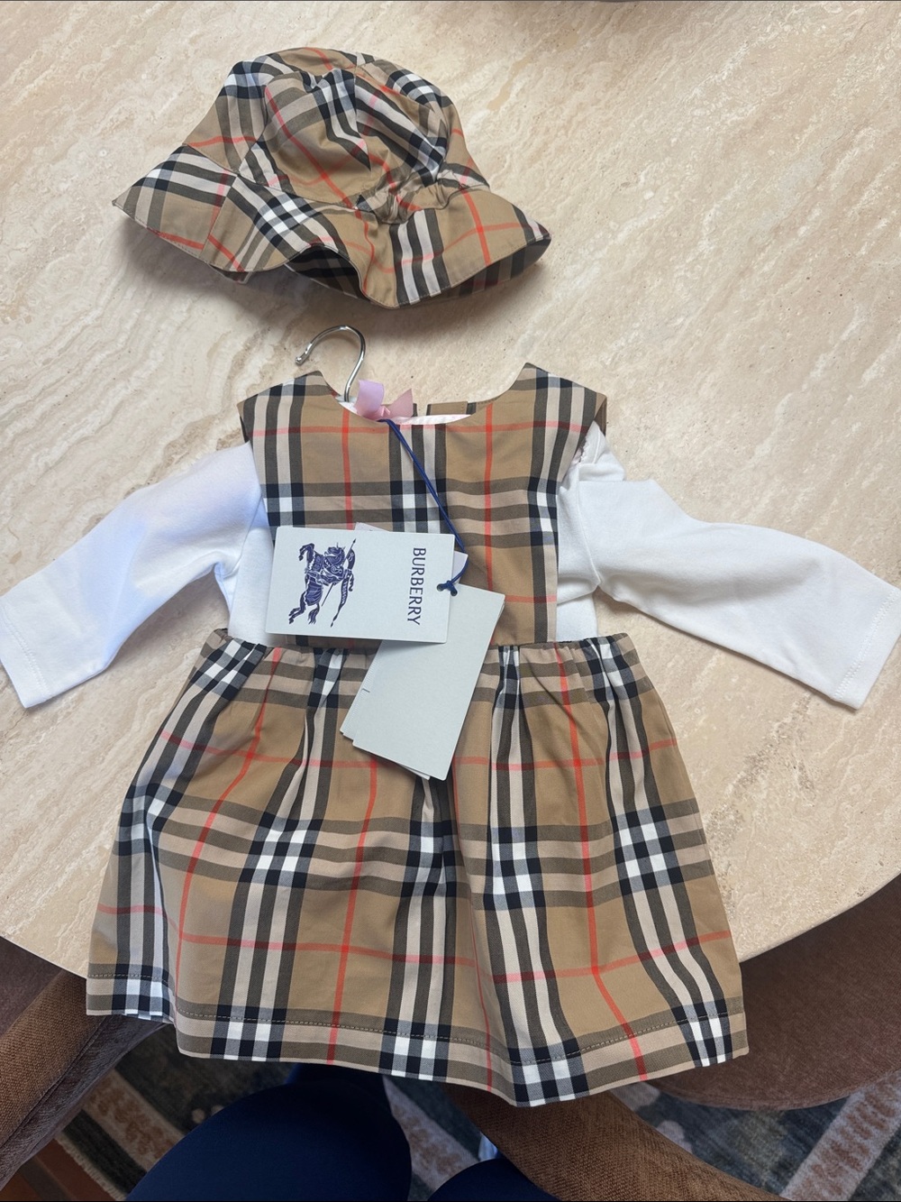 Burberry Beige Check Baby Dress with White Bodysuit & hat 6M NWT